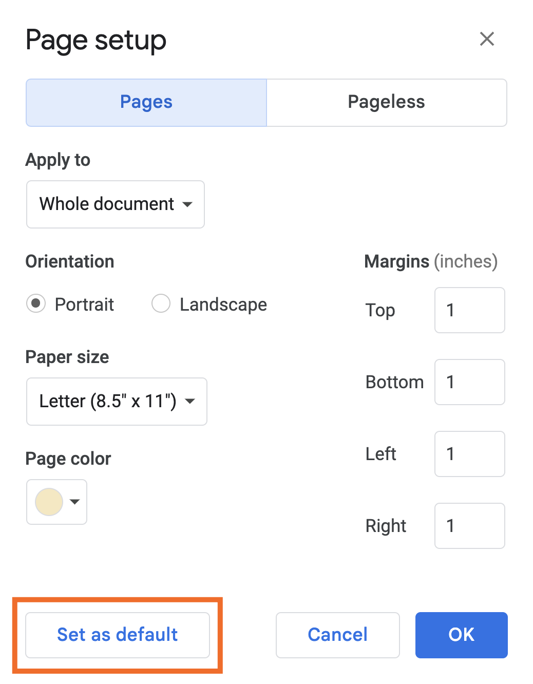 How to set the default page settings in Google Docs.