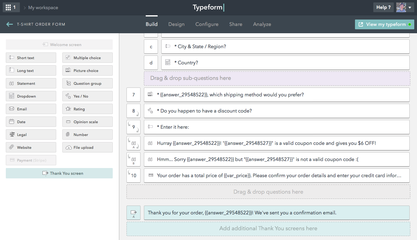 Payment form in Typeform