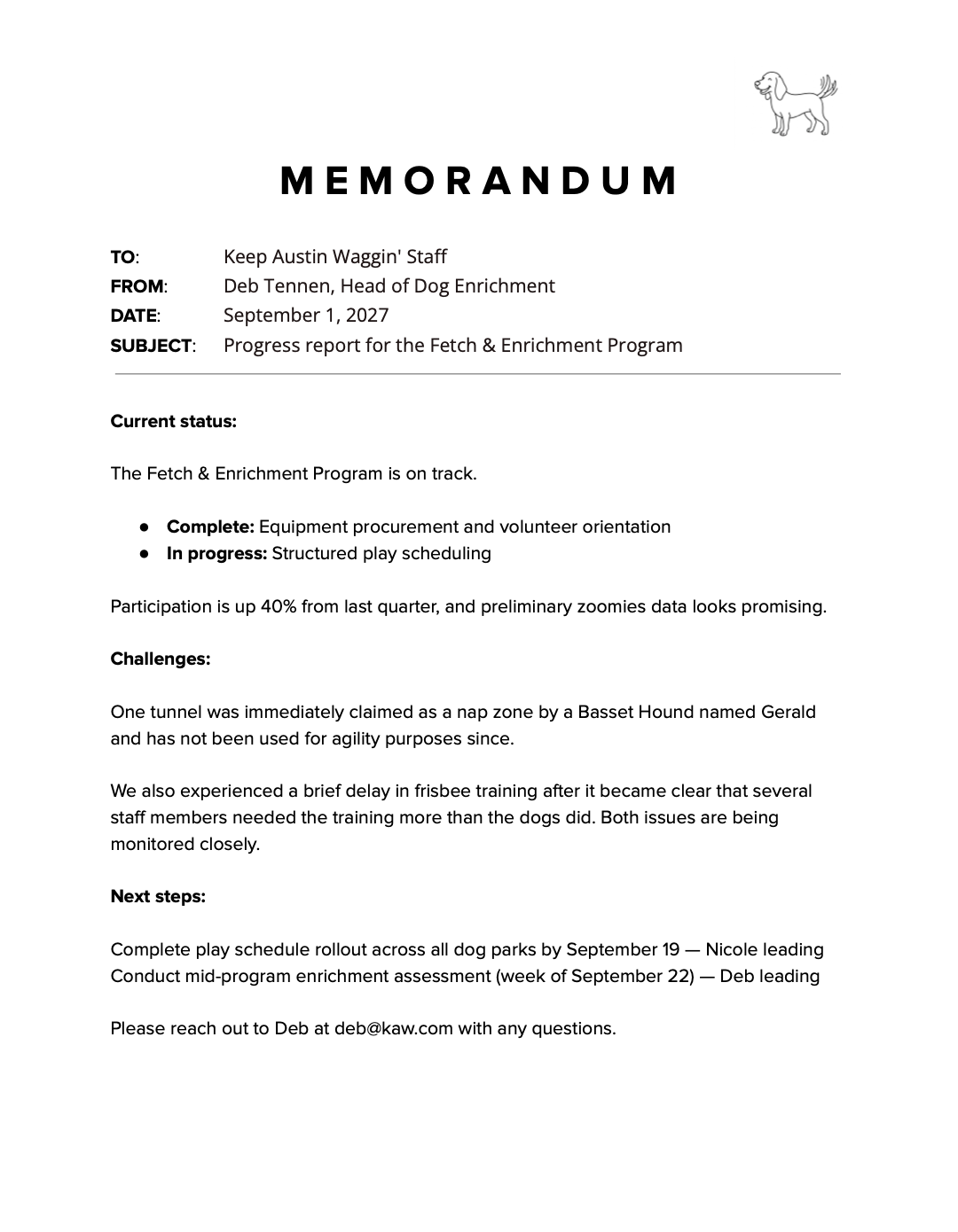 Example of a progress report memo.