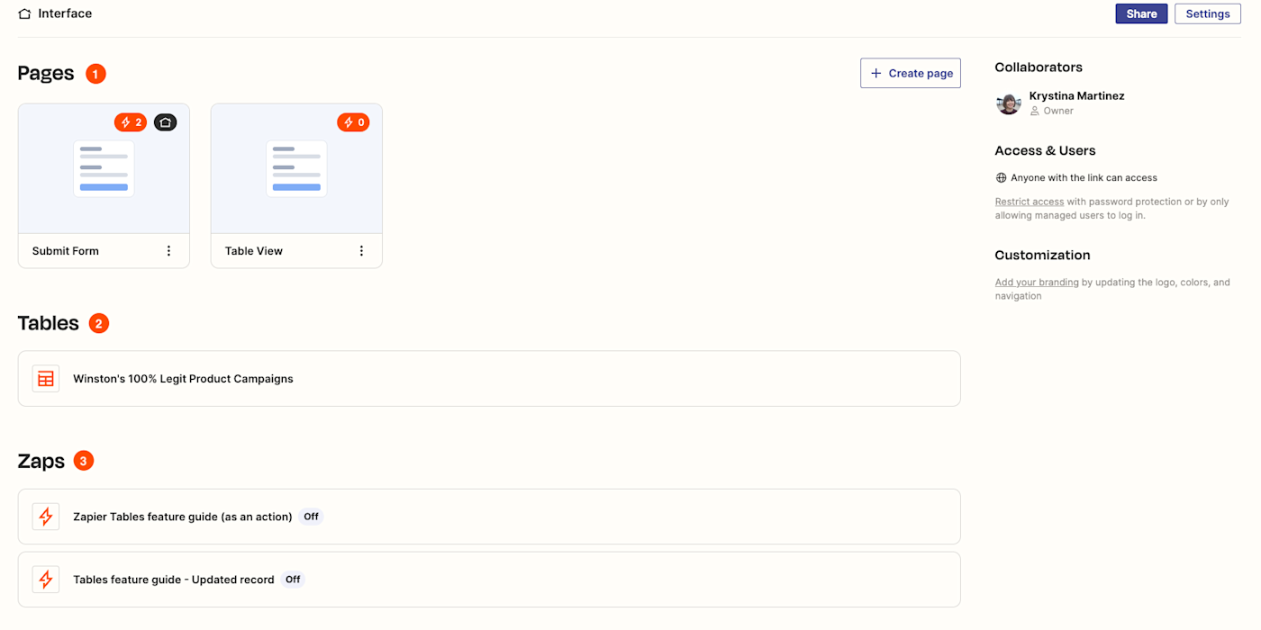 The interfaces dashboard contains pages, connected tables, and Zaps.