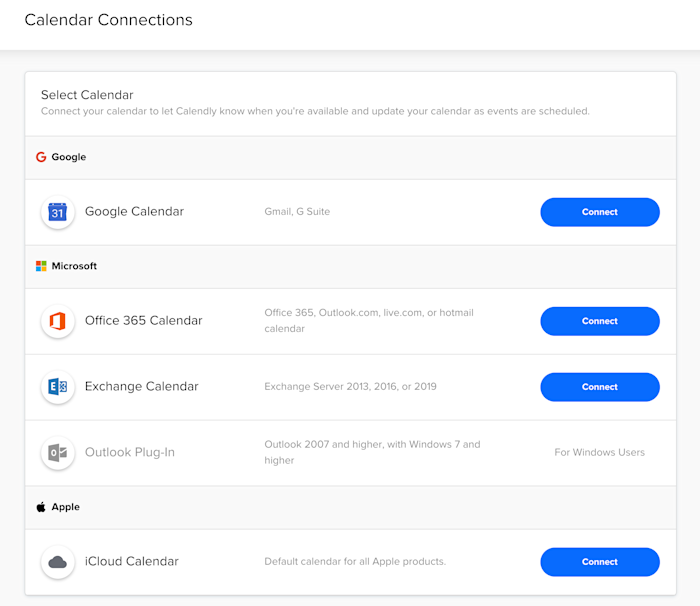 List of available connected calendars in Calendly