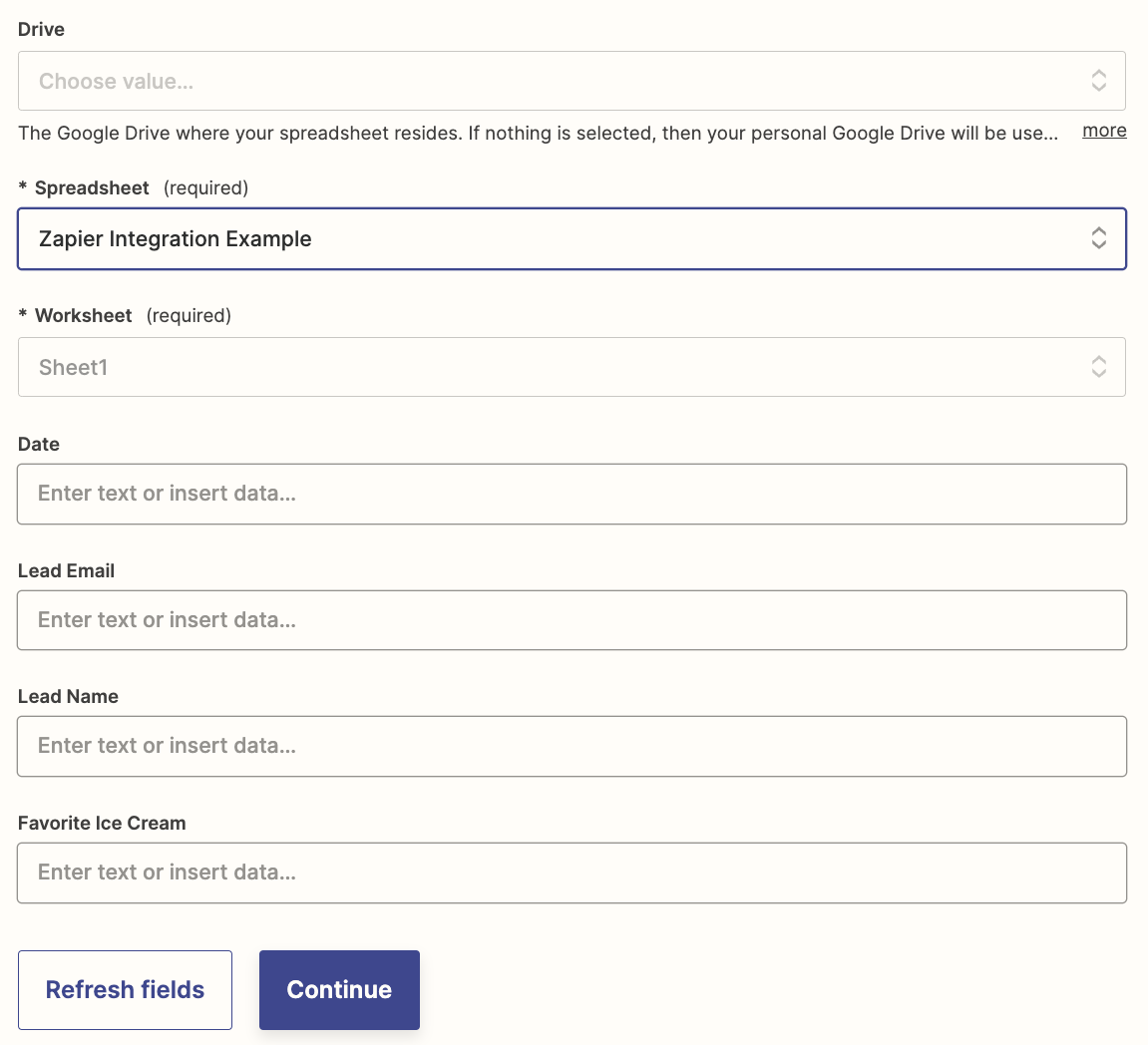 Fields for a Google Sheets action step in the Zap editor.