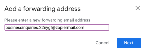 A Gmail window requesting the user to enter a new forward address. A custom Zapier email address is typed in.