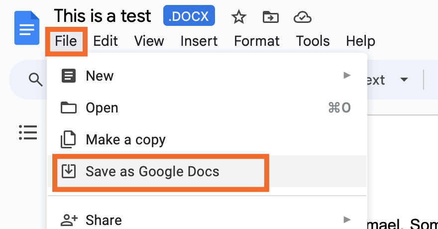 Clicking File > Save as Google Docs in Google Docs