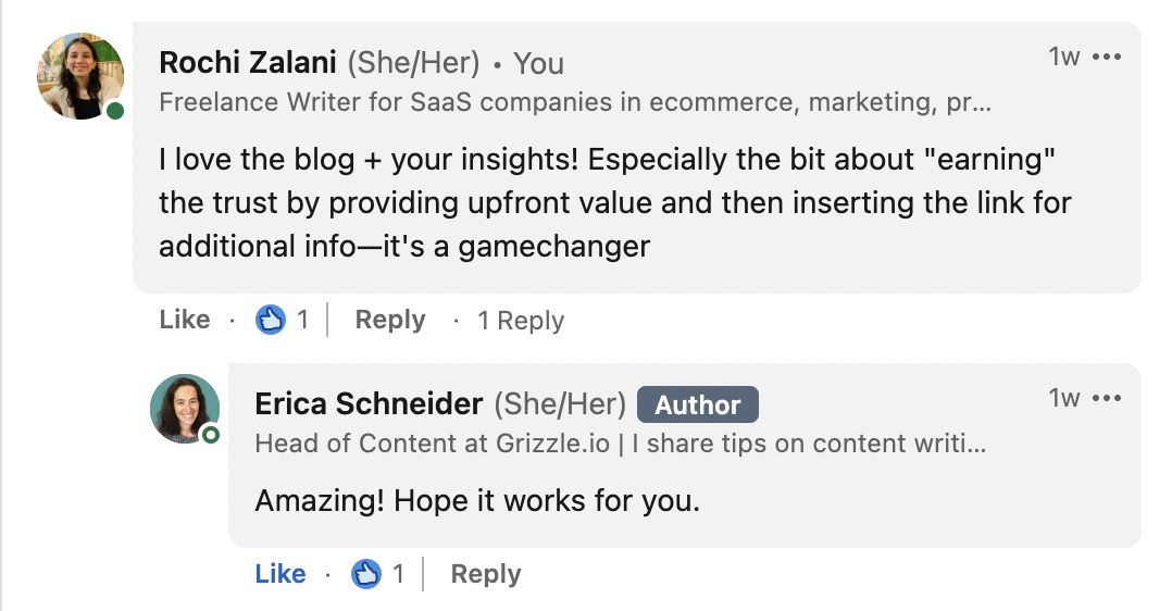 A detailed compliment from Rochi on LinkedIn