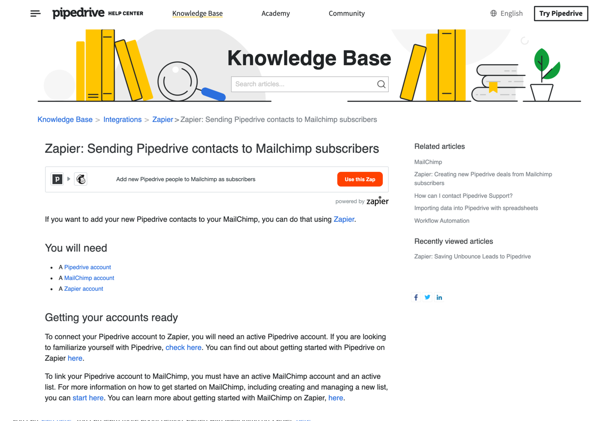 Pipedrive Knowledge Base article with Zap templates