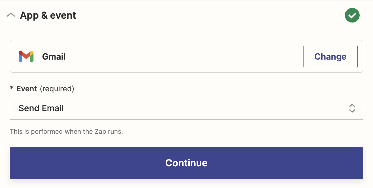 An action step in the Zap editor with Gmail selected for the action app and Send Email for the action event.