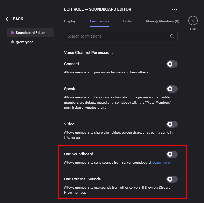 Discord role permissions settings page. 