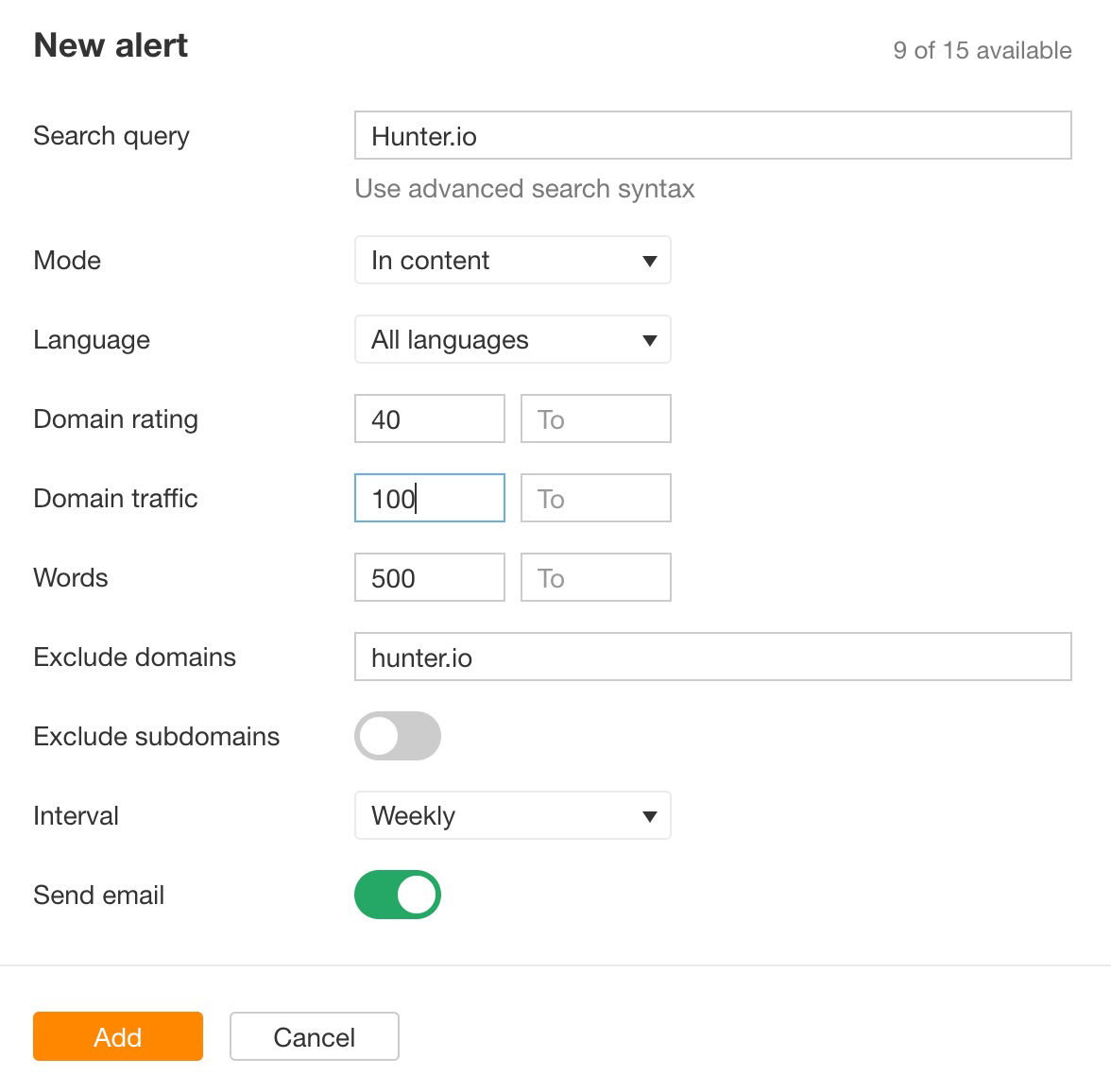 Filters for alerts for new mentions on Ahrefs