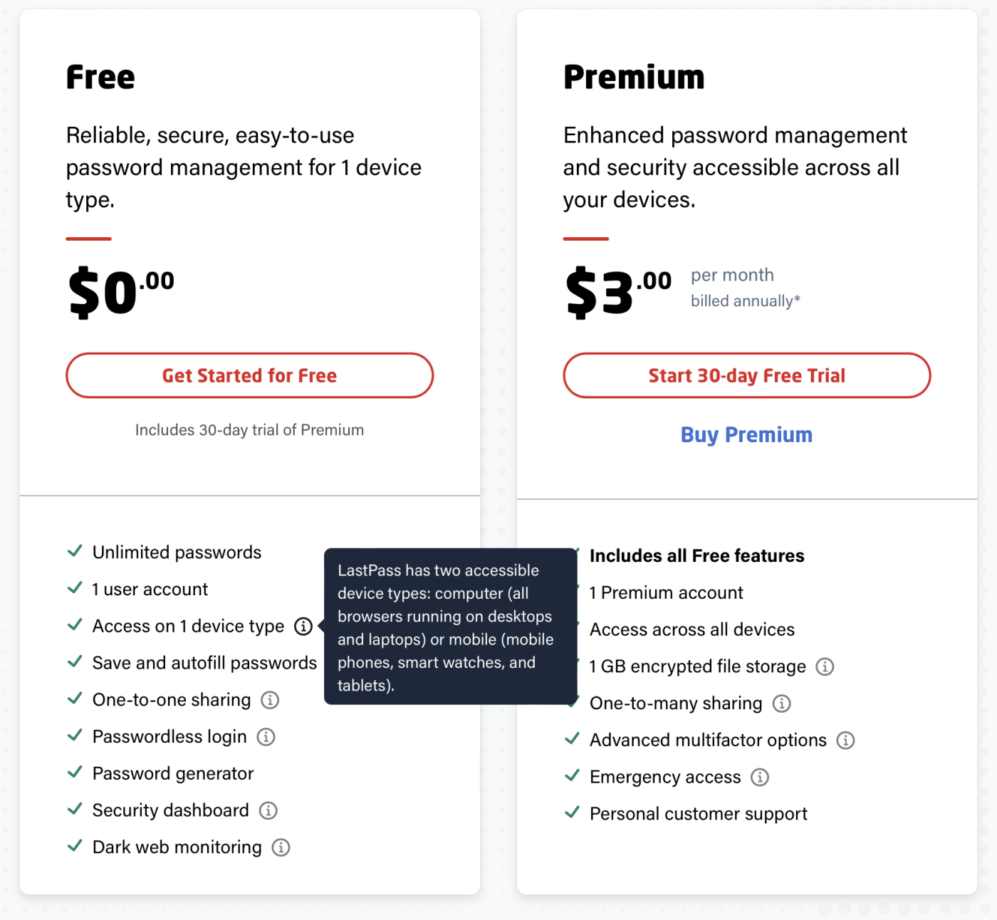 The LastPass pricing page