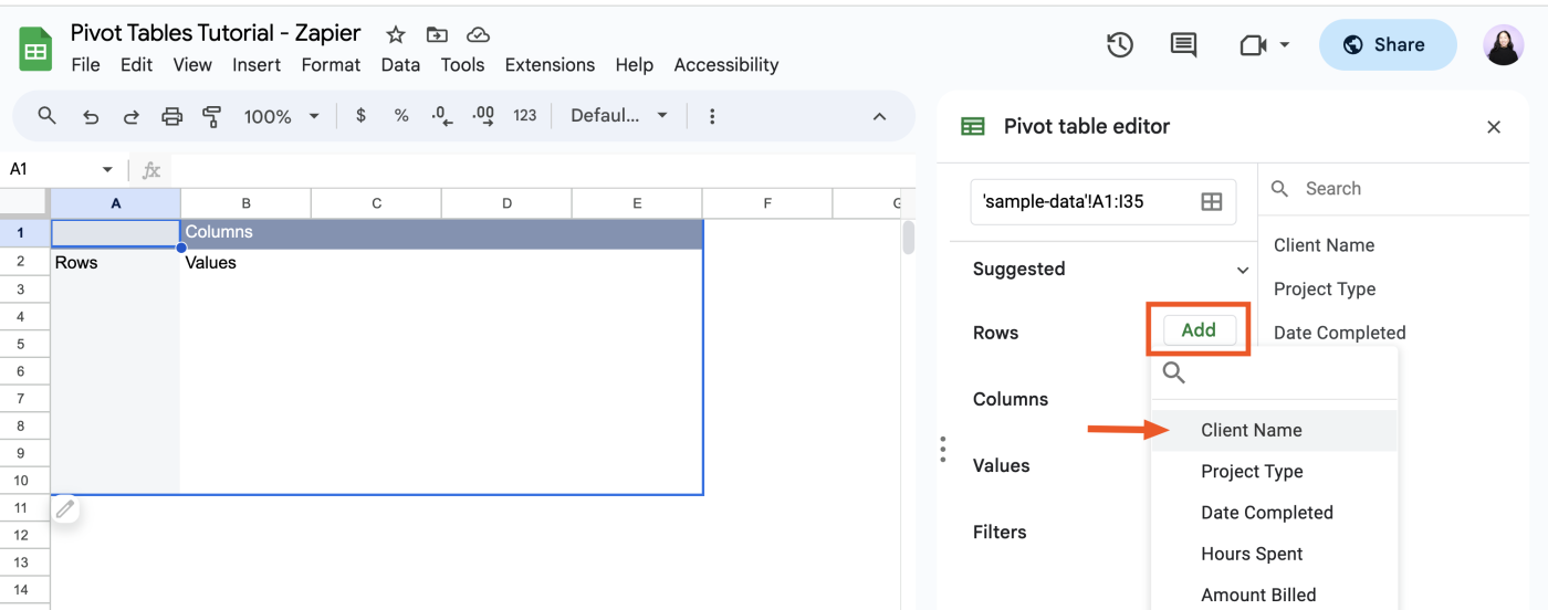 Add a row to a pivot table in Google Sheets.