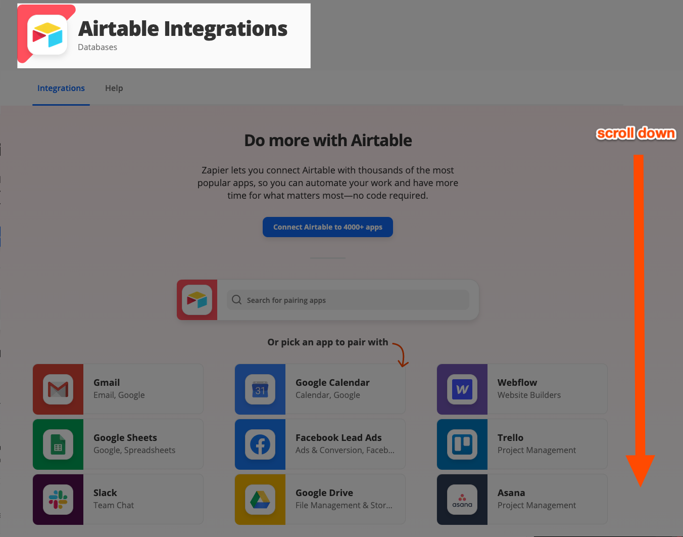 A screenshot of the top of the Airtable integrations page in the Zapier App Directory. The title "Airtable integrations" is highlighted, then there is an arrow pointing down with the words "scroll down."