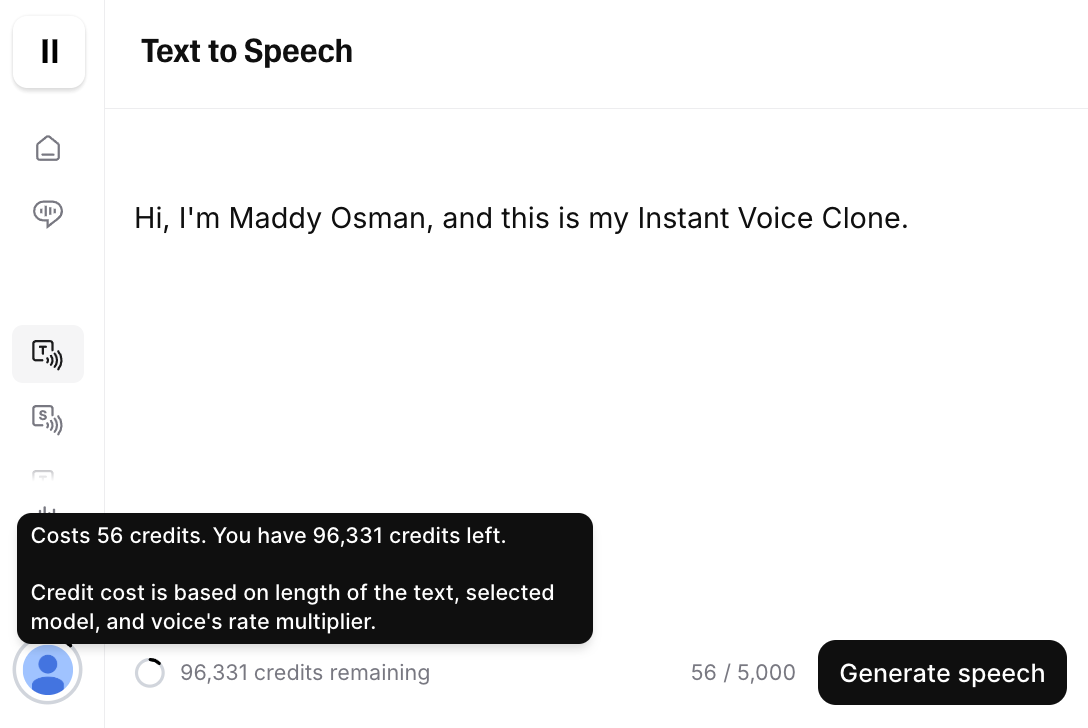 A screenshot of ElevenLabs showing how many credits were used to create audio