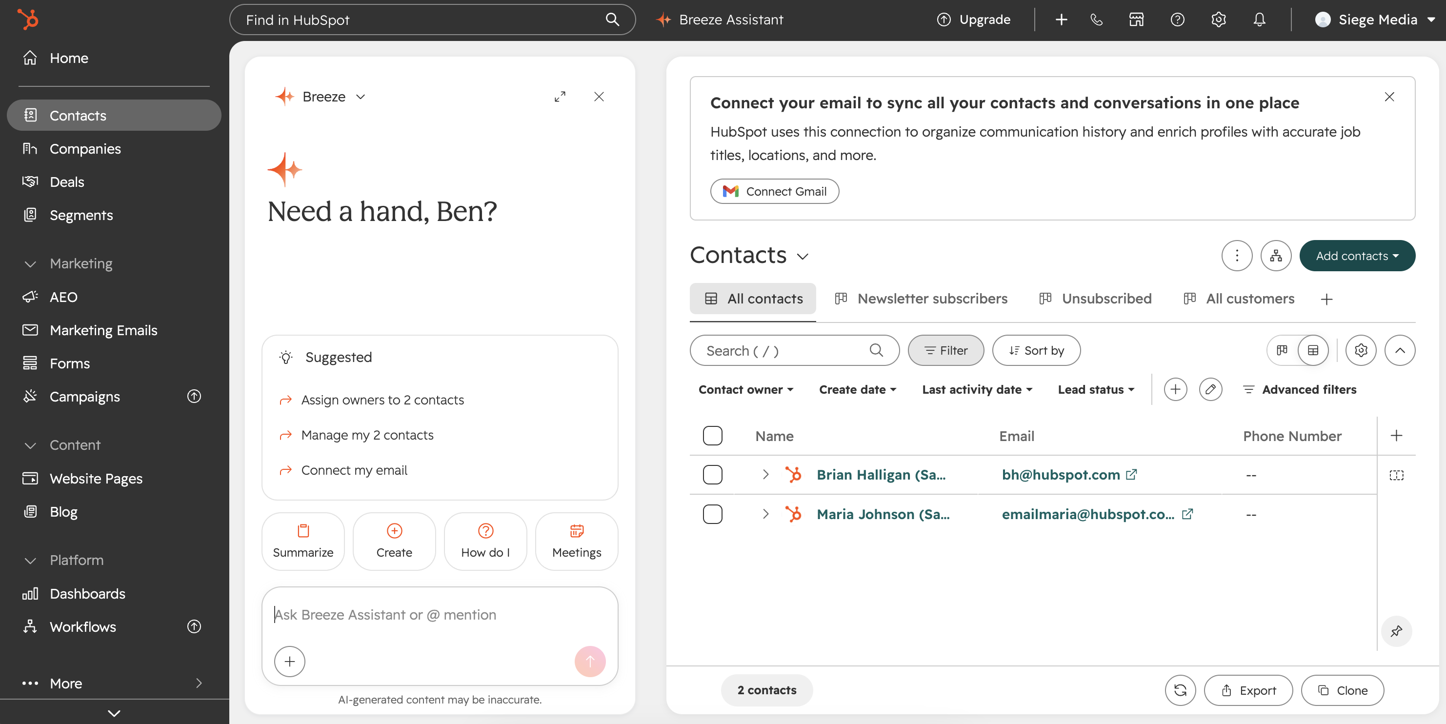 A screenshot of the HubSpot Breeze Assistant. 