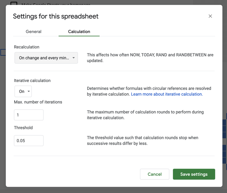 The spreadsheet settings in Google Sheets