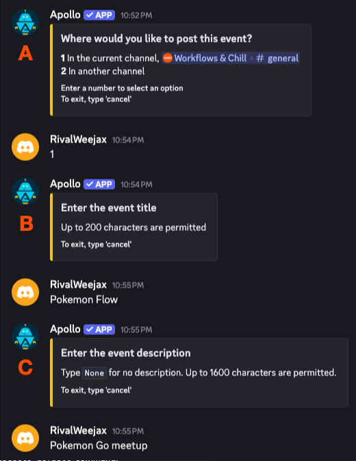 A screenshot shows the Calendar bot guiding the user to select a channel for the event, enter an event title, and add a description.