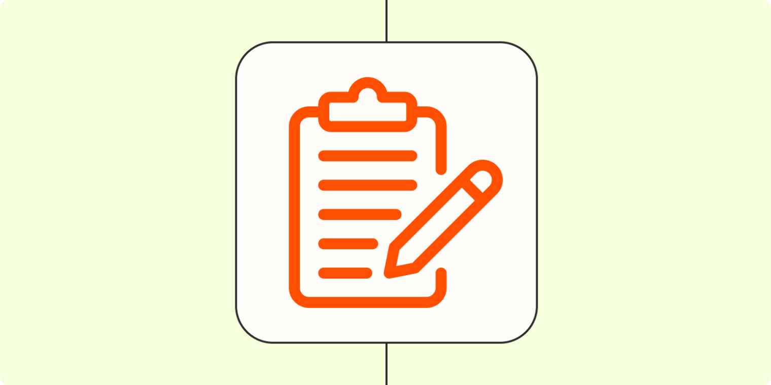 An icon of a notepad with pen on an orange background