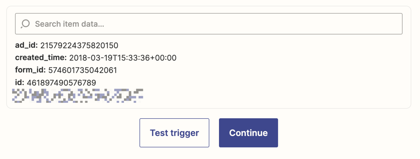 The blue Facebook app logo with an arrow pointing to the orange Zapier logo above the test "Test your trigger".