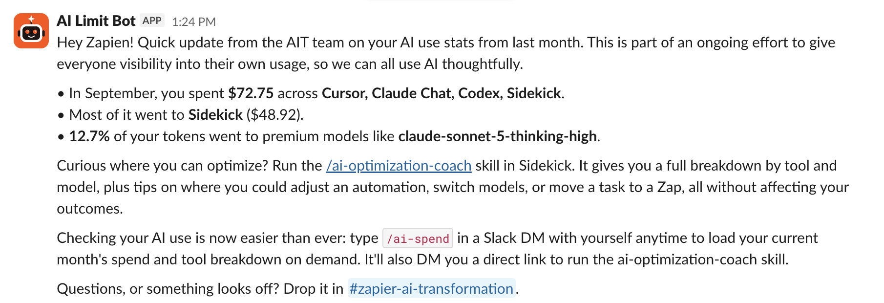 Slack message from Zapier's AI Limit Bot with a quick check-in about that user's AI spend in the past month.