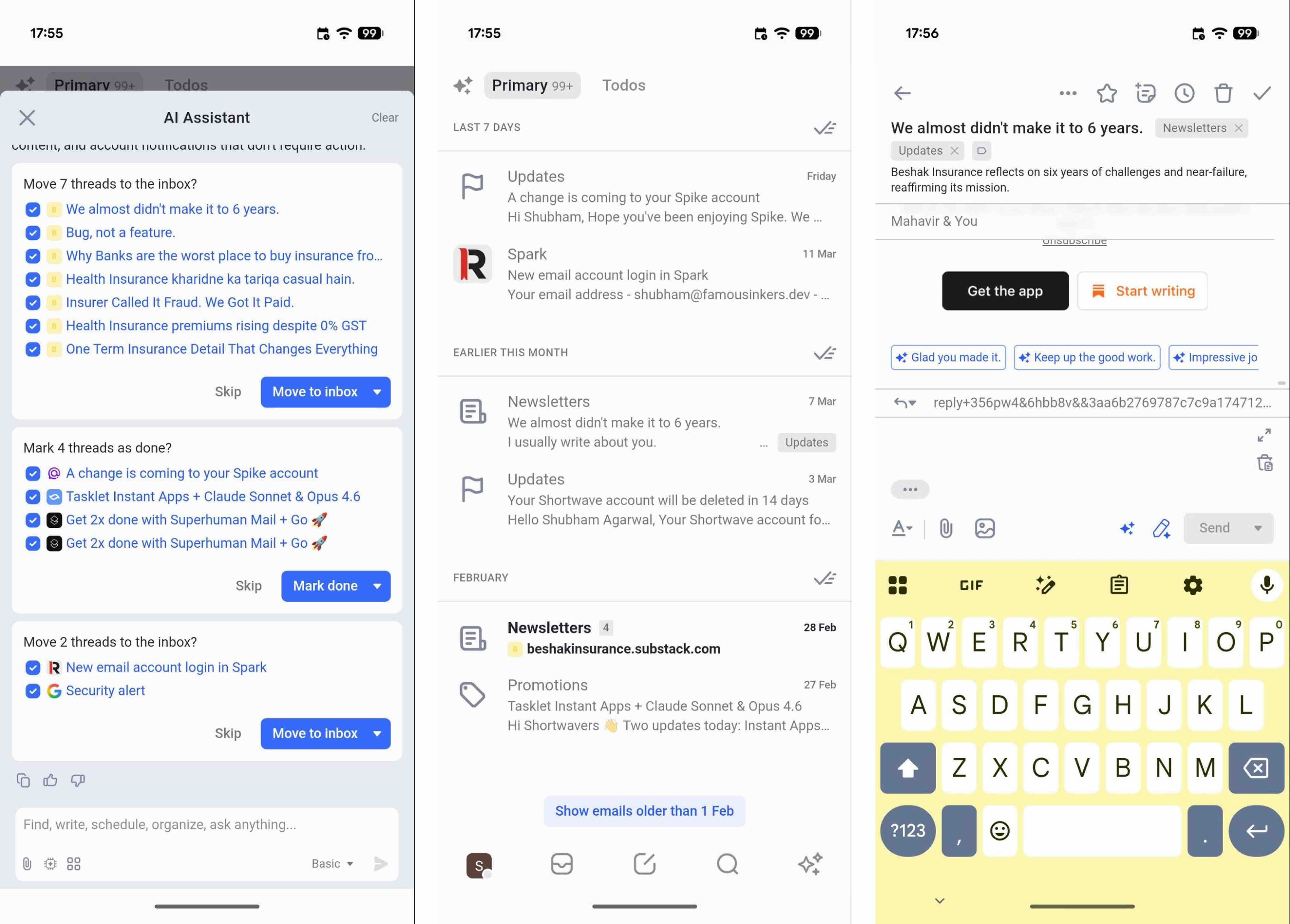 Shortwave, our pick for the best Android email app for AI features
