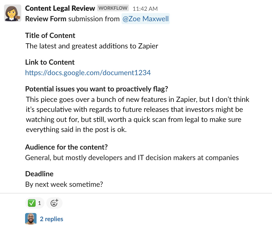A legal review submission from a Slack workflow