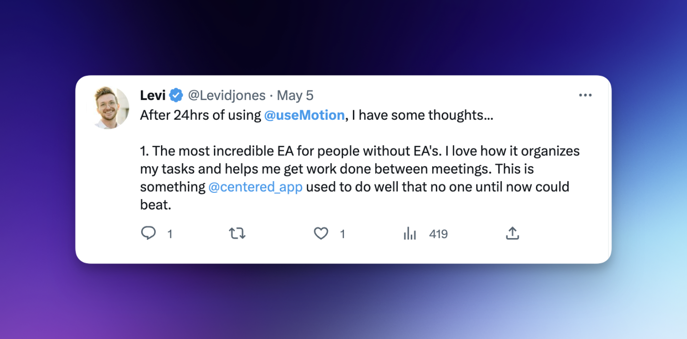 A tweet from a customer about Motion