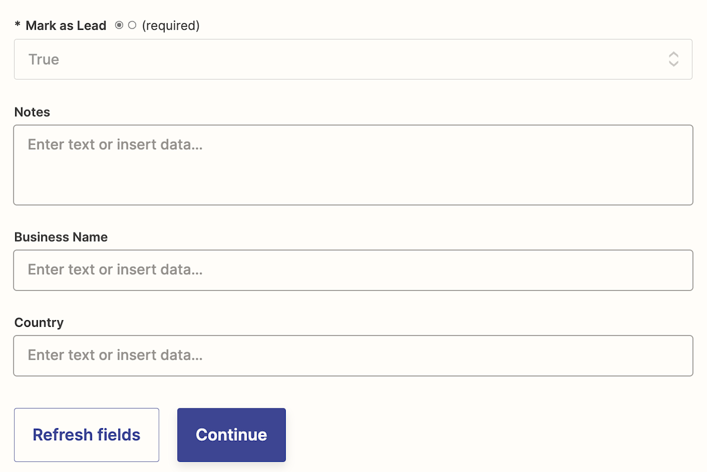 Fields for LeadConnector in an action step in the Zap editor.