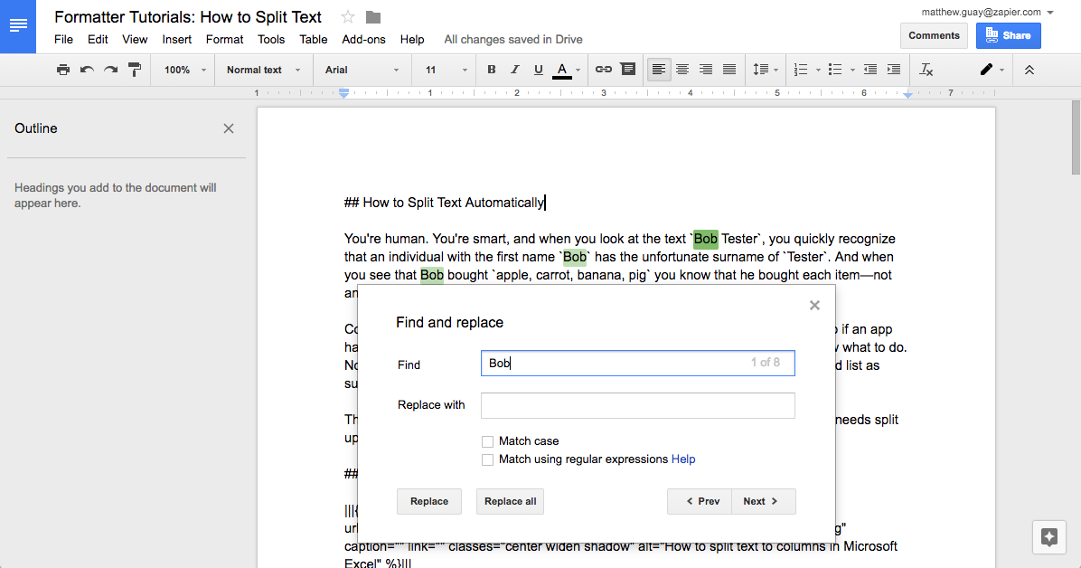 Find and replace in Google Docs