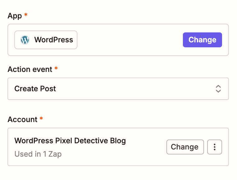 A window with options to select an app, action event, and account, with "WordPress" selected as the app, "Create Post" selected as the action event, and "WordPress Pixel Detective Blog" selected as the account