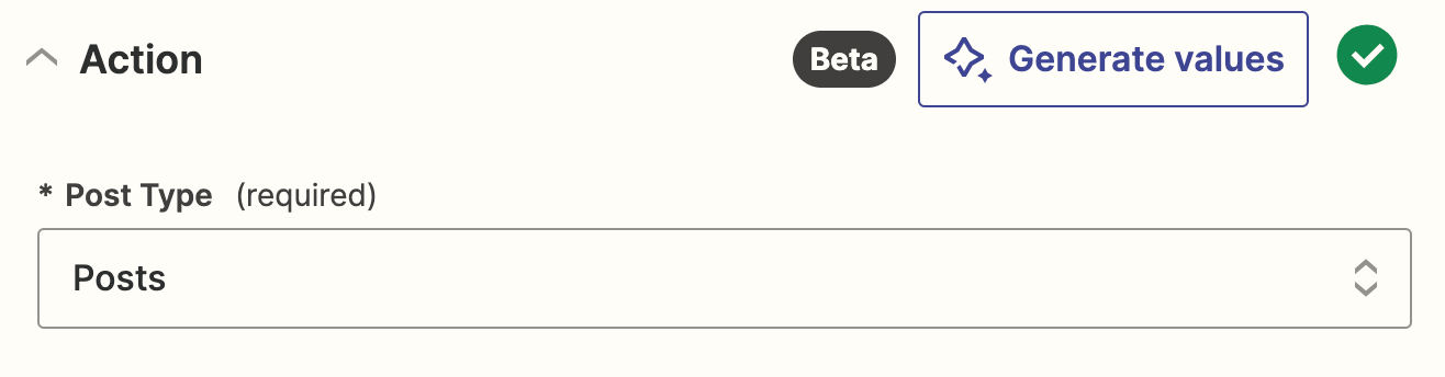 An action step in the Zap editor with "Posts" selected in the "Post Type" field.