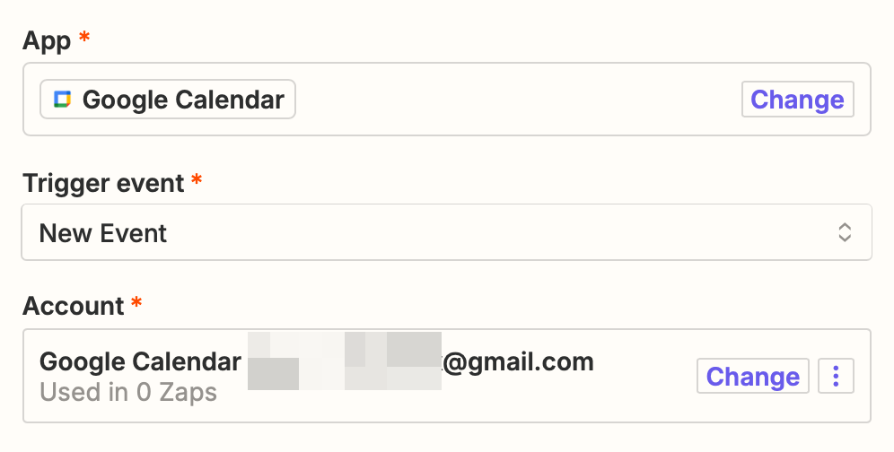 A trigger step in the Zap editor with Google Calendar selected for the trigger app and New Event selected for the trigger event.