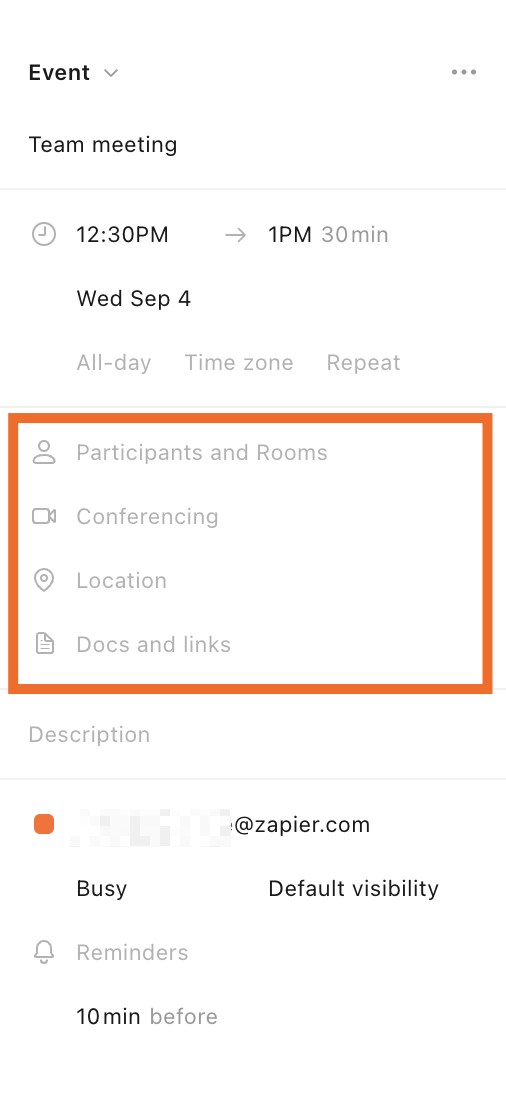 Scheduling options when creating an event in Notion Calendar 