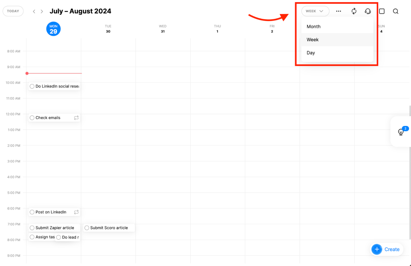 A view of a calendar, with options to view by month, week, or day highlighted in a red outline for emphasis