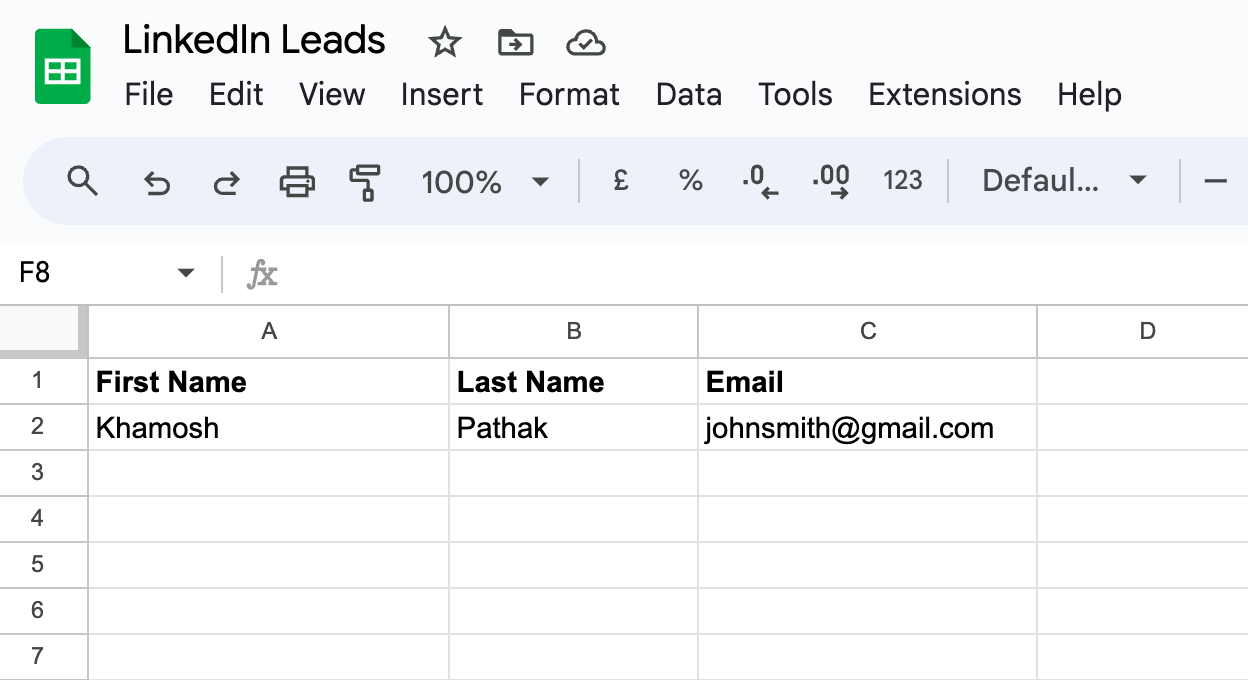 A Google Sheet with an added row with LinkedIn Ads lead data.