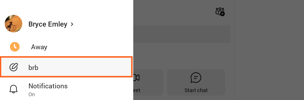 Screenshot of mobile Teams 365 profile menu with away status highlighted.