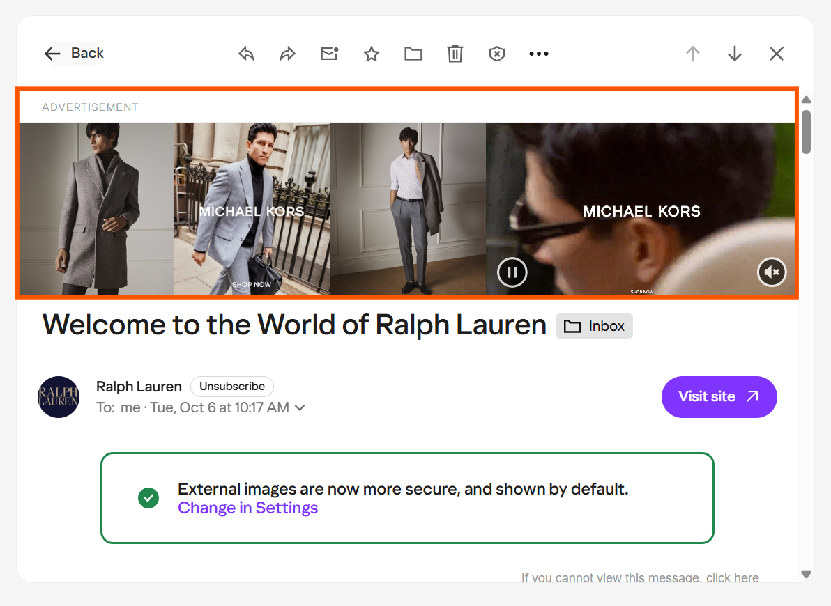 A full-width video ad in Yahoo Mail