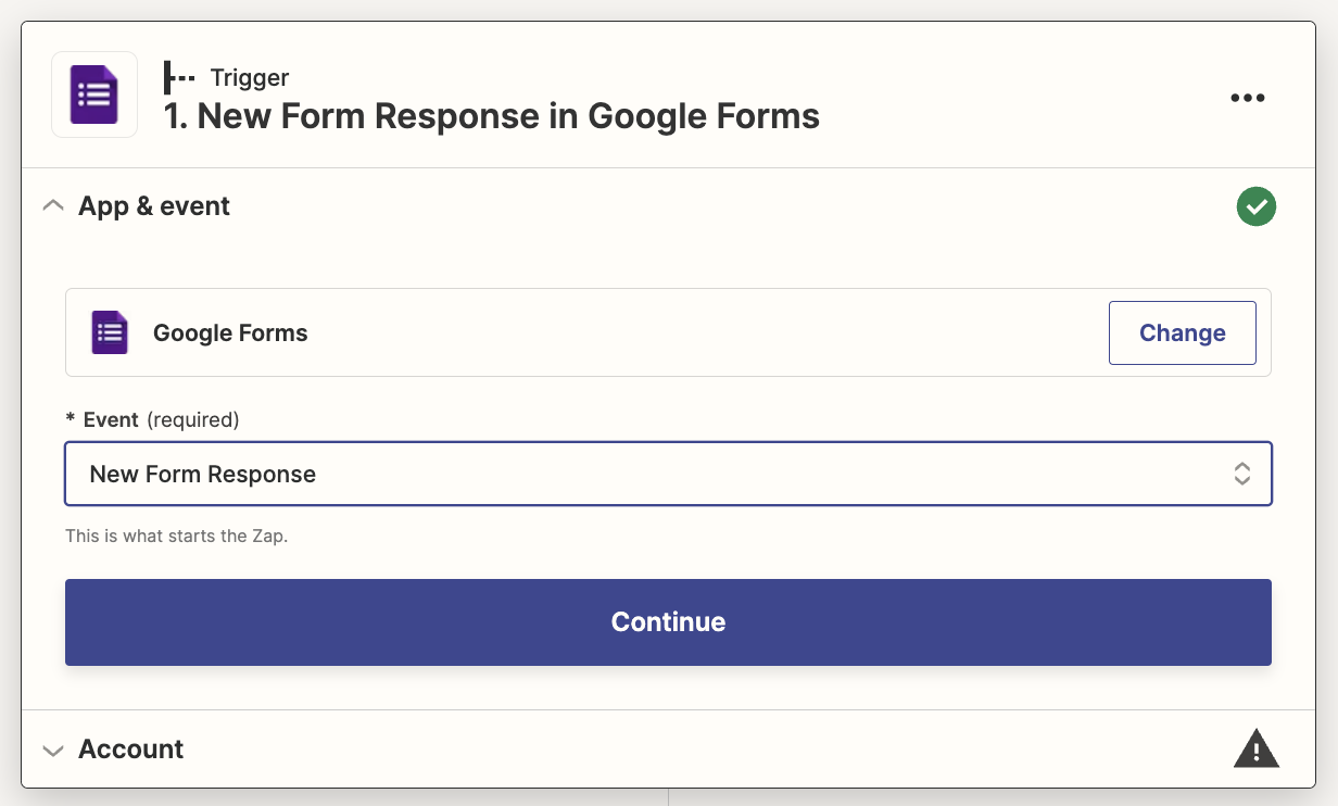یک مرحله راه‌اندازی در ویرایشگر Zap با Google Forms به عنوان برنامه راه‌انداز و New Form Response برای رویداد راه‌انداز انتخاب شده است.