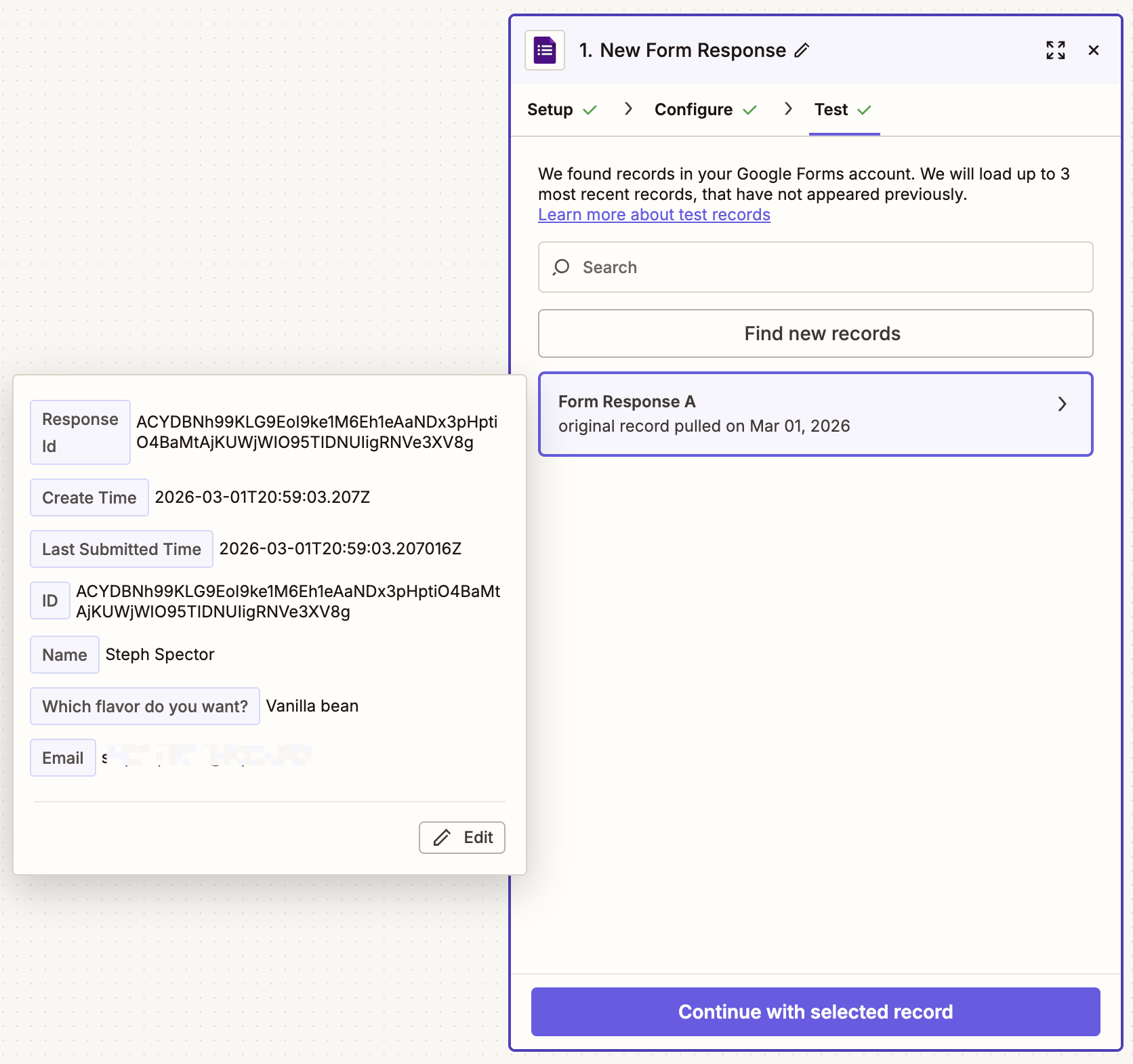 A trigger step in the Zap editor with Google Forms selected as the trigger app and New Form Response selected for the trigger event.