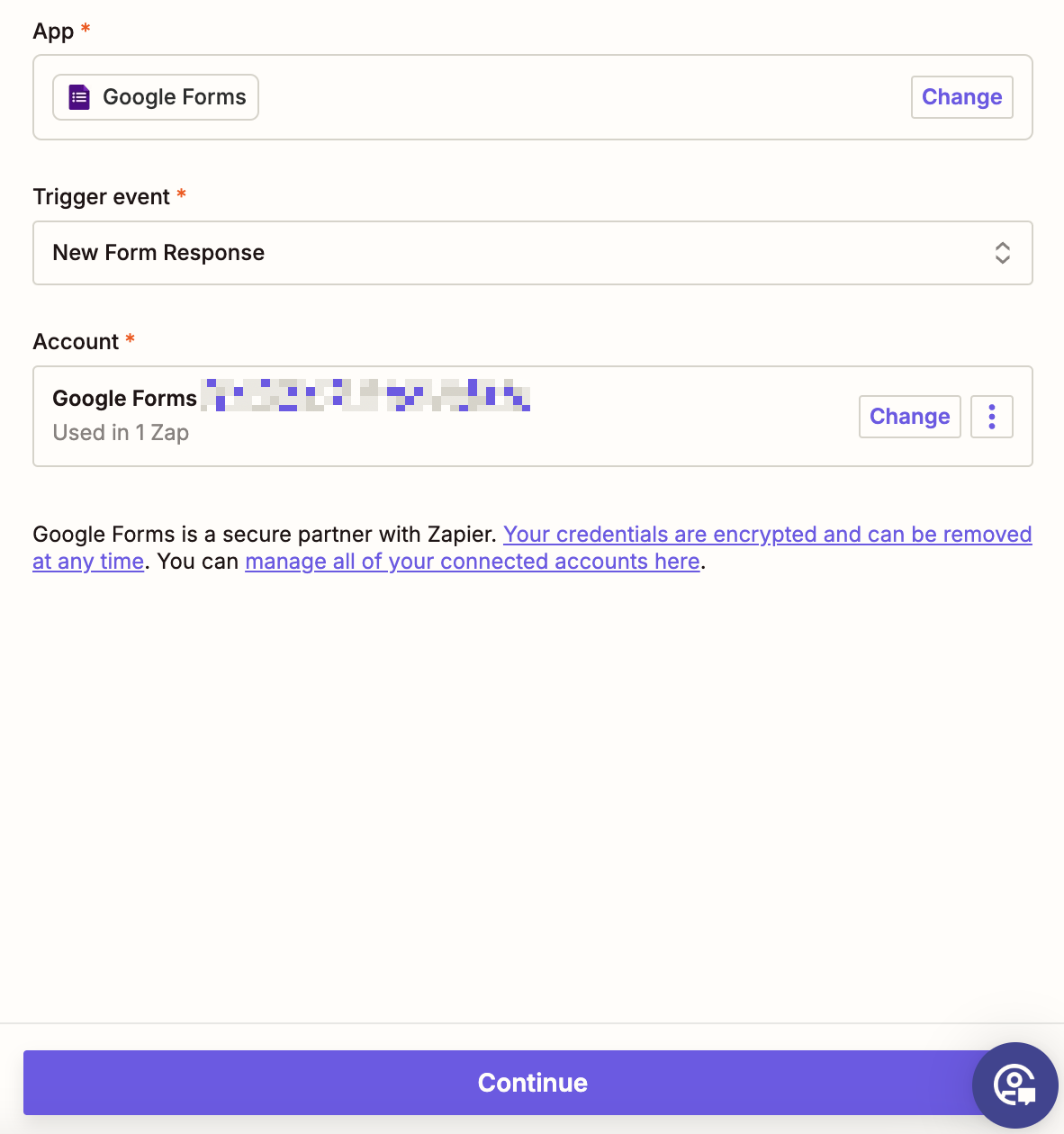 A trigger step in the Zap editor with Google Forms selected as the trigger app and New Form Response selected for the trigger event.