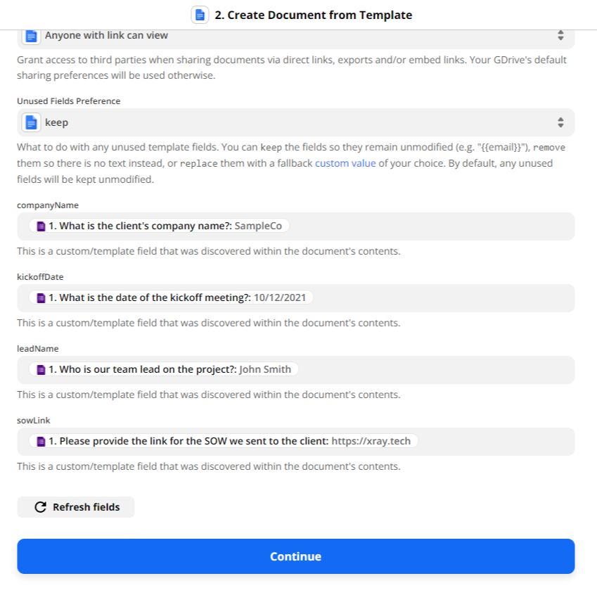 A screenshot of the Zap step to create a document from a template showing information from the form mapped to the variable fields from the template.