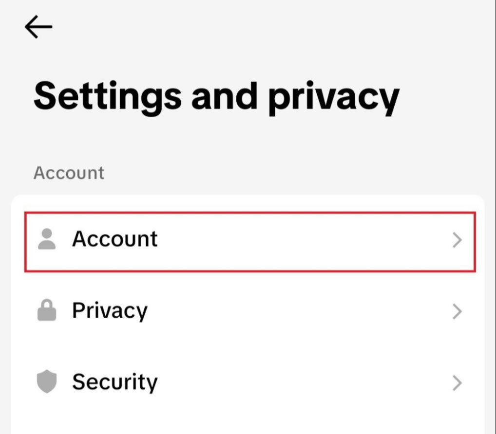 The Account option in TikTok