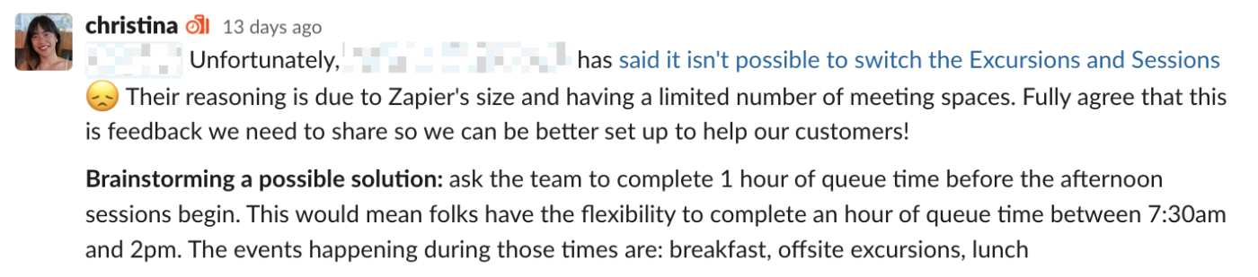 Christina's Slack feedback, which starts with an explanation, and then offers a bolded suggestion.