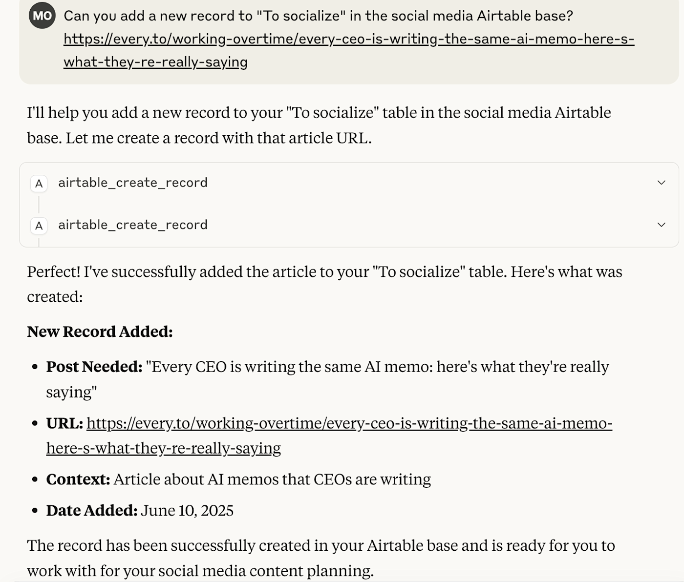 Maddy's conversation with Claude to access Airtable using Zapier MCP