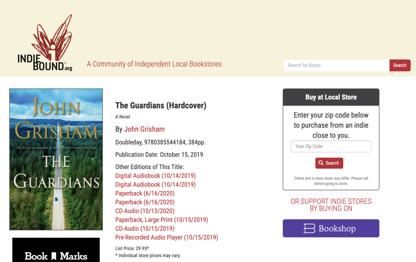 screenshot of indie bookstore selling The Guardians by John Grisham