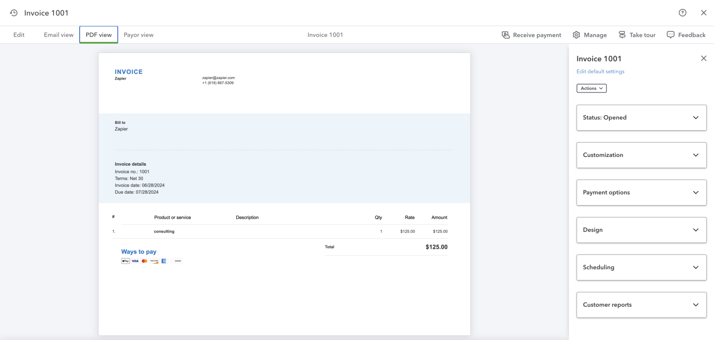 Screenshot of the writer previewing the Quickbooks invoice 