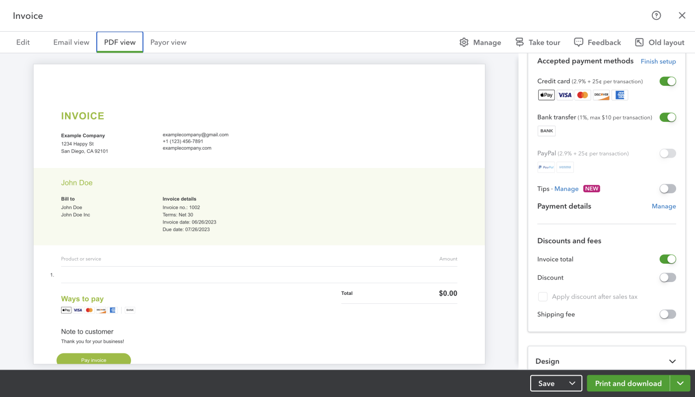 Screenshot of the writer previewing the Quickbooks invoice 