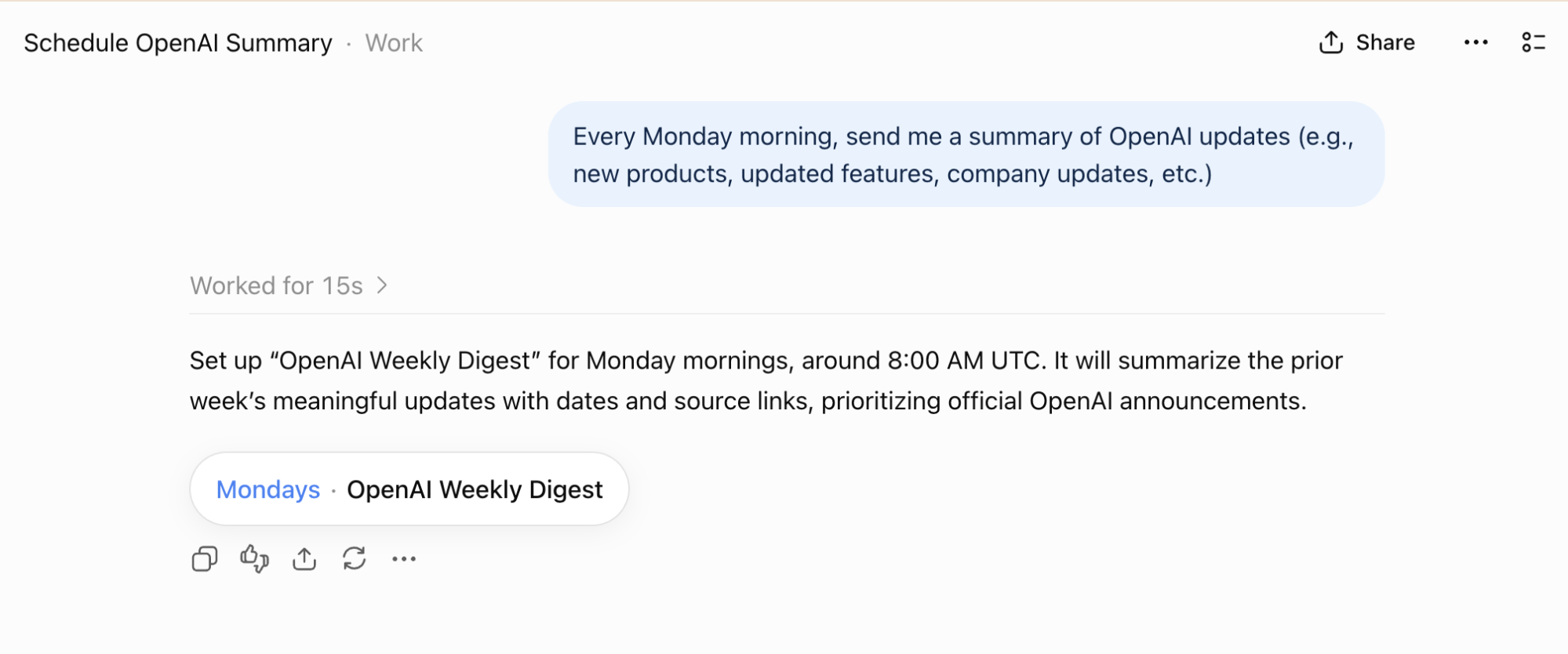 ChatGPT conversation with a prompt to create a scheduled task. 