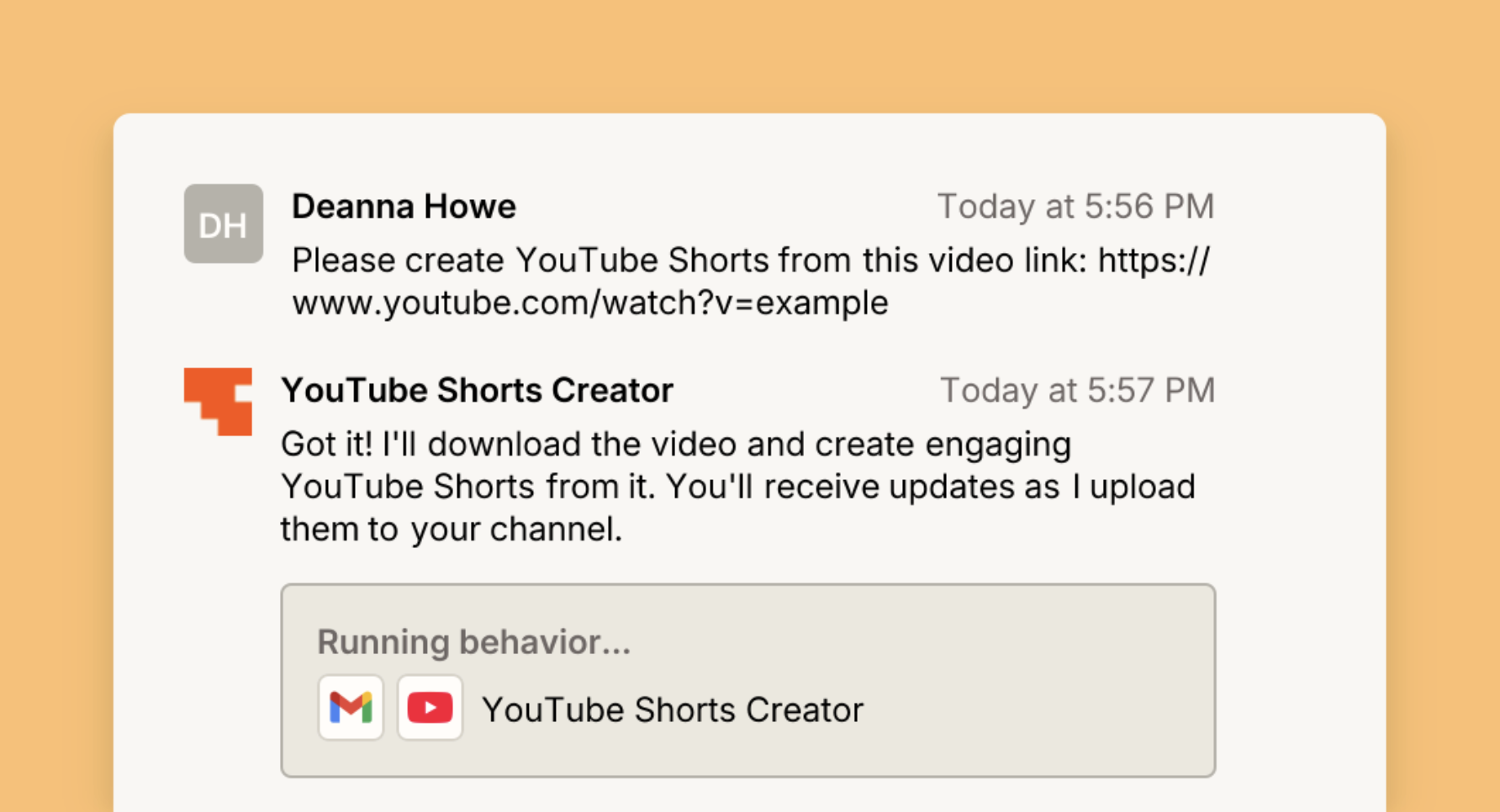 A conversation with an AI agent in Zapier Agents about creating YouTube Shorts from a video link