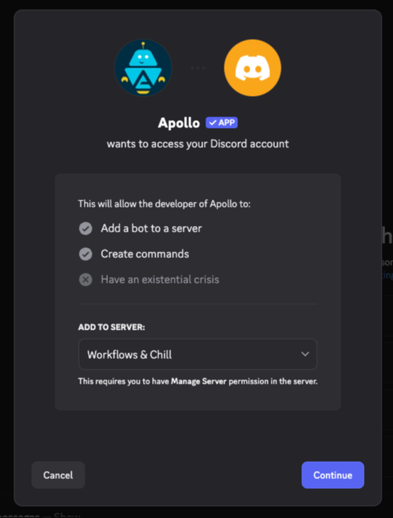 A screenshot shows a user allowing Apollo to access their Discord account. 