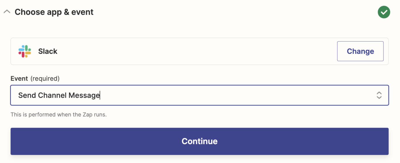 Slack selected as the action app with Send Channel Message selected in the Event field.